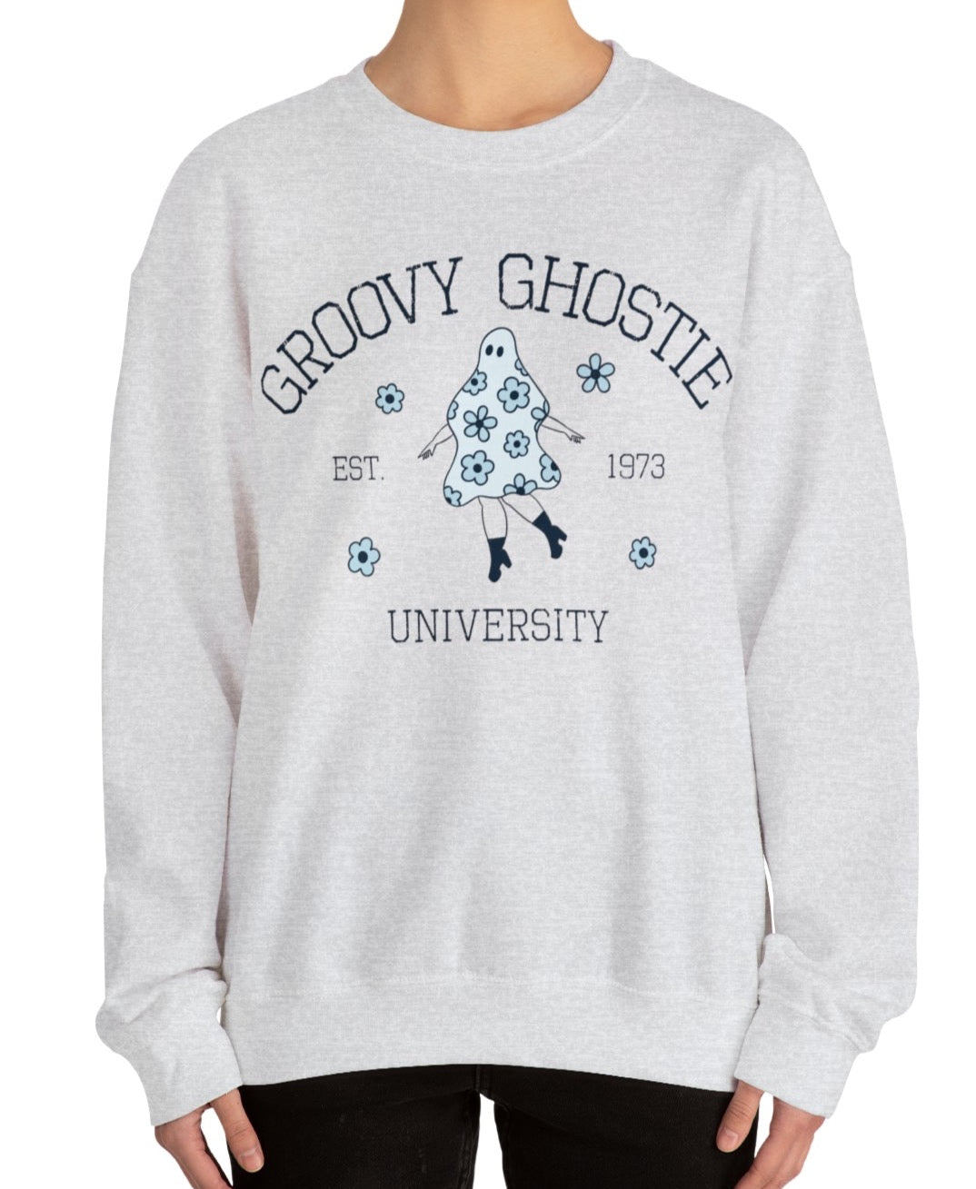 Groovy Ghostie University Crewneck Indigo Blue or Ash Grey
